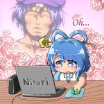  abe_takakazu blue_eyes blue_hair blush blush_stickers chibi closed_eyes computer computer_mouse desk drooling eyes_closed flower genderswap hair_ornament hair_rings hair_stick hat jinnouchi_akira kaku_seiga kuso_miso_technique laptop miyako_yoshika mouse mousepad ofuda open_mouth parody purple_hair red_rose rose saliva short_hair solo sweatdrop touhou 