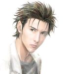  bad_id black_hair facial_hair labcoat male okabe_rintarou portrait realistic shoumaru_(gadget_box) simple_background solo steins;gate stubble 