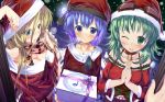  aoki_lapis bare_shoulders bell belt blonde_hair blue_eyes blue_hair blush box breasts christmas cleavage daidou_(demitasse) demitasu diamond gift goggles goggles_on_head green_eyes green_hair gumi hands_clasped hat headset highres jewelry lily_(vocaloid) long_hair looking_at_viewer multiple_girls nail_polish navel necklace night santa_costume santa_hat scarf short_hair smile snow tourmaline vocaloid wink 