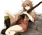  brown_hair copyright_request gun ikeshita_moyuko sitting smile solo weapon 