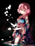  absurdres bad_id butterfly flower highres japanese_clothes kimono partially_submerged petals pink_eyes pink_hair ravie saigyouji_yuyuko short_hair smile solo touhou wading water 