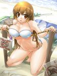  bikini brown_eyes brown_hair highres original picnic_basket r-ex rope sign swimsuit 