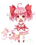  2012 :3 :d bow bubble_skirt chibi choker dated dress gloves grandia_(artist) hair_ribbon kaname_madoka kneehighs kyubey magical_girl mahou_shoujo_madoka_magica mary_janes no_nose open_mouth pink_hair red_eyes ribbon shoe_ribbon shoes short_hair short_twintails signature simple_background smile twintails white_background white_dress white_gloves white_legwear 