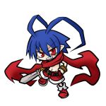  antenna_hair blue_hair boy bracelet disgaea grin jewelry laharl lowres male navel pointy_ears red_eyes scarf shorts smile solo sword weapon yanagi_(artist) yanagi_(nurikoboshi) 