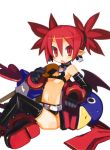  absurdres anklet bare_shoulders bat_wings belt black_gloves black_legwear boots bracelet choker cookie demon_tail disgaea earrings elbow_gloves etna flat_chest food gloves harada_takehito highres jewelry midriff miniskirt navel nippon_ichi open_mouth pointy_ears prinny red_eyes red_hair red_scarf redhead scarf short_twintails sitting skirt skull sweatdrop tail thigh-highs thigh_boots thighhighs twintails wings 