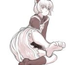  barefoot bow dress feet footwear foreshortening hair_bow kuro_suto_sukii kurodani_yamame leg_up monochrome pov_feet short_hair single_shoe single_sock socks soles solo toes touhou 