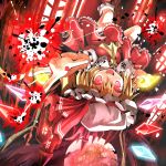  ascot blonde_hair fang flandre_scarlet full_moon gibuchoko hat hat_ribbon highres moon open_mouth outstretched_arms red_eyes red_moon ribbon short_hair solo the_embodiment_of_scarlet_devil touhou upside-down wings 