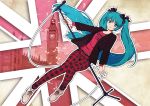  aqua_eyes aqua_hair big_ben clock clock_tower dutch_angle hair_ribbon hatsune_miku jacket landmark london long_hair microphone microphone_stand musical_note pants plaid plaid_pants ribbon solo thigh_gap tower twintails union_jack urue very_long_hair vocaloid westminster_palace 