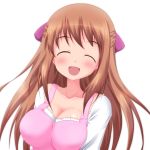  1girl :d ^_^ breasts brown_hair cleavage closed_eyes collarbone hanamaru_youchien large_breasts long_hair open_mouth smile solo white_background yamamoto_nanako yukimura1130 