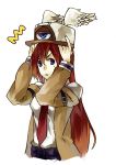  blazblue blue_eyes brown_hair cosplay fujino_sato hat head_wings highres imai_asami labcoat long_hair makise_kurisu necktie seiyuu_connection shirt solo steins;gate surprised tsubaki_yayoi tsubaki_yayoi_(cosplay) 