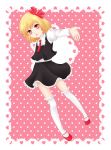  :o absurdres blonde_hair border frills hair_ribbon heart highres kutsuna_ayumu lace lips lipstick long_sleeves looking_at_viewer makeup mary_janes necktie open_hand open_mouth outstretched_arms pink_background pink_lipstick polka_dot polka_dot_background red_eyes ribbon rumia shirt shoes short_hair skirt solo the_embodiment_of_scarlet_devil thigh-highs thighhighs touhou vest youkai 