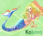  aqua_eyes bad_id blonde_hair blue_eyes blush_stickers breasts character_name cleavage curly_hair female green_hair kokoro kokoro_(one_piece) lipstick long_hair mermaid monster_girl necklace one_piece pearl pipay shell smile solo swimming tail text underwater young 