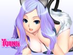  all_fours blue_eyes breasts cat_ears cat_tail cleavage ino long_hair looking_at_viewer men&#039;s_young men's_young pumps purple_hair skirt swimsuit tail wallpaper 