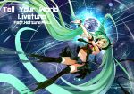  earth green_eyes green_hair hatsune_miku headphones long_hair matsui_hiroaki midriff necktie outstretched_arms panties skirt solo space striped striped_panties tell_your_world_(vocaloid) thigh-highs thighhighs twintails underwear very_long_hair vocaloid 
