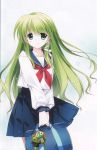  absurdres alternate_costume bag frog green_eyes green_hair hair_ornament highres keroro_gunsou keychain kochiya_sanae long_hair looking_at_viewer rei_(rei&#039;s_room) rei_(rei's_room) scan school_bag school_uniform serafuku snake solo touhou 