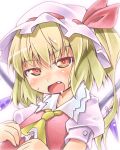  ascot blonde_hair blush bust drooling fang flandre_scarlet hat highres nyagakiya open_mouth red_eyes side_ponytail solo the_embodiment_of_scarlet_devil touhou wings 