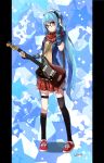  aqua_hair arm_warmers bespectacled garters glasses guitar hand_on_headphones hatsune_miku headphones highres instrument kneehighs left-handed leg_garter lightofheaven long_hair mismatched_legwear pigeon-toed pillarboxed red_eyes scarf skirt solo thigh-highs thighhighs twintails very_long_hair vocaloid 