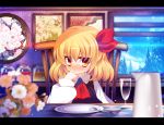  :&lt; ascot blonde_hair blurry blush checkered cloud contemporary depth_of_field dish dress finger_to_mouth flat_gaze flower glass goriyaku hair_ribbon hungry jar letterboxed picture_(object) picture_frame pitcher plate red_eyes ribbon room rumia shirt short_hair sitting smile solo table the_embodiment_of_scarlet_devil touhou tree window yellow_eyes youkai 