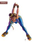  alternate_costume bent_over bodysuit bracelet breasts brown_eyes brown_hair chun-li cleavage collaboration double_bun down_blouse dylanliwanag hair_ribbon highres jewelry muscle ogodo ribbon shoes sneakers solo spandex spiked_bracelet spikes street_fighter street_fighter_zero stretch vest 