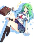  ahoge alternate_costume bag black_legwear frog green_hair hair_ornament heart keychain kneehighs kochiya_sanae moriya_suwako school_bag school_uniform serafuku skirt snake solo suikakitsu_shiro touhou yasaka_kanako 