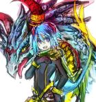  blue_hair copyright_request dragon fujiwara_akina horns jewelry pointy_ears scarf short_hair tail 