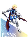  arisu_shiria armor blonde_hair blue_eyes cape character_name flynn_scifo full_armor gauntlets greaves male pauldron pauldrons shield solo surcoat sword tales_of_(series) tales_of_vesperia title_drop weapon 