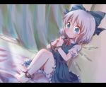  barefoot blue_eyes blue_hair blush cirno cuffs dress handcuffs highres ice kuromame_(8gou) letterboxed ribbon short_hair solo tears touhou wings 