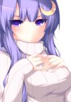  alternate_costume breast_suppress breasts bust crescent hair_ornament kabata_(mechisan) long_hair looking_at_viewer patchouli_knowledge purple_eyes purple_hair ribbed_sweater simple_background solo sweater touhou violet_eyes 