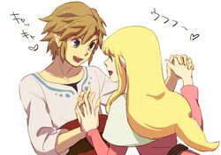  blue_eyes couple hand_holding holding_hands link long_hair nintendo o-yuki pointy_ears princess_zelda skyward_sword smile the_legend_of_zelda 