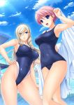  2girls armpits blonde_hair blue_eyes blue_sky breasts celia_kumani_entory clouds competition_swimsuit curvy drill_hair eye_visible_through_hair eyebrows_visible_through_hair feet_out_of_frame female hair_between_eyes hair_ornament hairband hairclip hand_on_hip hand_up highleg highleg_swimsuit highres hips holding holding_towel kisaki_mio komori_kei large_breasts legs long_hair multiple_girls one-piece_swimsuit open_mouth outdoors parted_lips pink_hair school_swimsuit short_hair sky smile swimsuit thighs towel walkure_romanze 