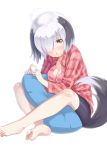  ahoge animal_ears barefoot bike_shorts blush breasts cleavage dog_ears dog_tail doggirl feet hair_over_one_eye large_breasts mofu multicolored_hair original pillow plaid plaid_shirt short_hair solo tail two-tone_hair white_hair yellow_eyes 