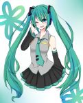  colored detached_sleeves green_eyes green_hair hand_on_headphones hatsune_miku headphones highres long_hair necktie shunkashuutou skirt smile solo twintails very_long_hair vocaloid wink 