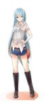  alternate_costume belt blue_hair boots contemporary cross-laced_footwear food fruit gradient_hair hand_on_hip highres hinanawi_tenshi hips jewelry long_hair midriff multicolored_hair navel necktie no_hat no_headwear peach pendant red_eyes shirt shorts solo touhou yuya_(night_lily) 
