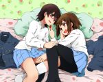  black_legwear brown_eyes brown_hair food fruit girls_being_girls hand_on_another&#039;s_face hand_on_another's_face hirasawa_yui k-on! kagiana lying manabe_nodoka multiple_girls on_side pantyhose strawberry yuri 