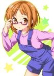  brown_eyes brown_hair glasses green_background overalls pink-framed_glasses precure shirabe_ako short_hair shorts solo suite_precure tongue yoshikita_popuri 