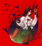  arm_cannon aymmogh bad_id black_hair bow hair_bow long_hair open_clothes open_shirt red_background reiuji_utsuho sarashi solo torn_clothes touhou weapon wings 