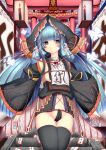  absurdres black_legwear blue_eyes blue_hair blush breasts candle charm_(object) crack cracks detached_sleeves hair_tie headgear highres hime_cut lantern long_hair navel ofuda open_mouth original panties solo stairs standing sukage thigh-highs thighhighs torii underwear wide_sleeves 