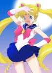  bare_legs bishoujo_senshi_sailor_moon blonde_hair blue_eyes bow brooch colored double_bun earrings elbow_gloves full_moon gloves hair_ornament hand_on_hip hips jewelry long_hair magical_girl moon pose sailor_moon skirt sky solo star_(sky) starry_sky tanaka_yutaka tiara tsukino_usagi twintails v very_long_hair 