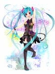  :d aqua_hair arm_up armpits boots hatsune_miku head_tilt headset highres leg_lift long_hair necktie open_mouth red_eyes skirt smile solo tell_your_world_(vocaloid) thigh-highs thigh_boots thighhighs twintails very_long_hair vocaloid wakatsuki_you 