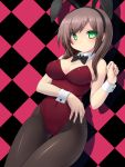  animal_ears bad_id bare_shoulders black_legwear blush bowtie breasts brown_hair bunny_ears bunny_girl bunnysuit checkered checkered_background cleavage detached_collar dutch_angle fake_animal_ears green_eyes hairband hands highres hips long_hair looking_at_viewer original pantyhose solo thigh_gap thighs tsukumiya_amane wrist_cuffs 