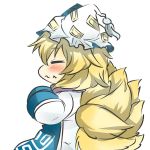  blonde_hair blush chibi closed_eyes dress eyes_closed fox_tail hands_in_sleeves hat hat_with_ears multiple_tails rebecca_(keinelove) rebecca_(naononakukoroni) solo tabard tail touhou wavy_mouth white_dress yakumo_ran 