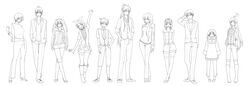  ahoge boots casual everyone fashion glasses goggles goggles_on_head gumi hair_ornament hair_ribbon hairclip hatsune_miku high_heels highres hiyama_kiyoteru kaai_yuki kagamine_len kagamine_rin kaito kamui_gakupo lineart lineup long_hair megurine_luka meiko monochrome pants ponytail ribbon sf-a2_miki shoes short_hair shorts smile takise_kasumu twintails vocaloid 