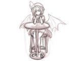  barefoot bat_wings chair elbow_rest hat kuro_suto_sukii remilia_scarlet shoes shoes_removed short_hair sitting sketch smile solo table touhou wings 