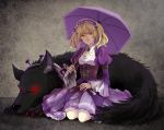  blonde_hair cistron dog dress glowing_eyes highres kneeling light_smile lolita_hairband lolita_headband looking_at_viewer parasol purple_dress red_eyes seiza sheri short_twintails sitting skull solo twintails umbrella unlight yellow_eyes 