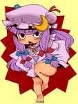  &gt;:o :o barefoot blush bow braid chibi child crescent dress dress_lift hair_bow hair_ribbon hat long_hair looking_up no_pants onikobe_rin open_mouth patchouli_knowledge plump purple_hair ribbon solo tears toes touhou very_long_hair young 