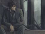  akairo_(chooop) artist_request black_eyes black_hair cigarette coat emiya_kiritsugu fate/zero fate_(series) formal grey gun handgun looking_away male muted_color muted_colors necktie ruins short_hair sitting smoking solo suit weapon 