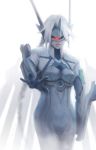  alex_chow bangs blazblue bodysuit braid fringe glowing glowing_eye lips long_hair mecha_musume nu-13 outstretched_hand red_eyes robot_ears silver_hair single_braid solo visor 