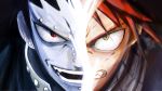  2boys black_hair fairy_tail fangs gajeel_redfox green_eyes metal multiple_boys natsu_dragneel no_eyebrows non-cubic piercing red_eyes red_hair redhead scarf smirk split_screen 