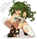  copyright_request dog_tags fingerless_gloves gloves green_hair ikeshita_moyuko long_hair red_eyes simple_background smile solo squatting thigh-highs thighhighs torn_thighhighs 