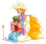  animal_ears blonde_hair brown_eyes brown_hair cat cat_ears chen child colored_pencil_(medium) dress ear_piercing fox_tail hat hat_with_ears highres multiple_girls multiple_tails needle open_mouth piercing red_eyes sewing sewing_kit shirt short_hair sitting sitting_on_lap sitting_on_person smile solid_circle_eyes stuffed_cat tabard tail terajin touhou traditional_media white_dress yakumo_ran yellow_eyes 